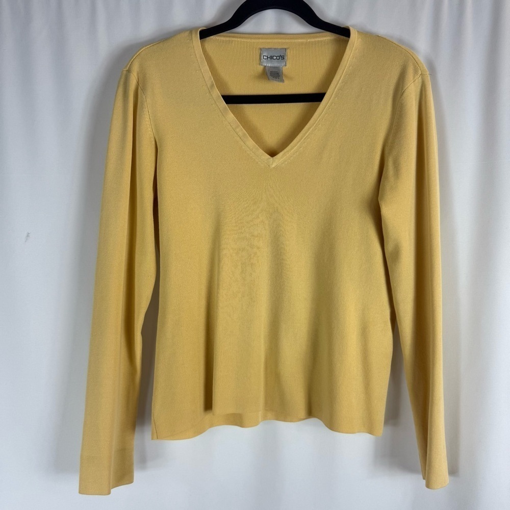 Chico's Soft Yellow Knit long sleeve V neck Top Size:0 silk